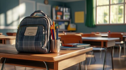 A 3D rendering of a school desk with a pencil case, books, and a backpack propped against the side, evoking a classroom setting.