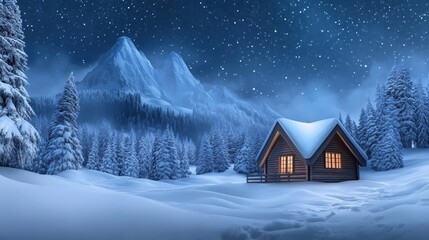 Sticker - A snowy night with a cabin in the distance and trees, AI