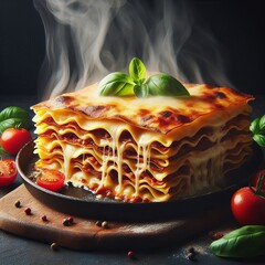 Wall Mural - A mouthwatering lasagna layered with cheese, sauce, and pasta, topped with fresh basil and served steaming hot. The dark background highlights the rich colors and textures, making this Italian classic