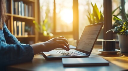 Working on Laptop at Wooden Desk in Bright Office Space