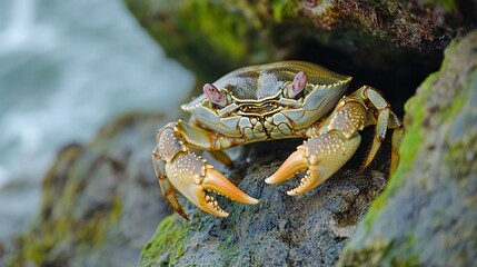 Wall Mural - A close-up view of a crab on a rocky shore.