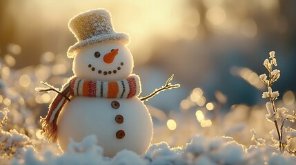 Poster - An adorable snowman in a snowy field, wearing a cozy hat and scarf