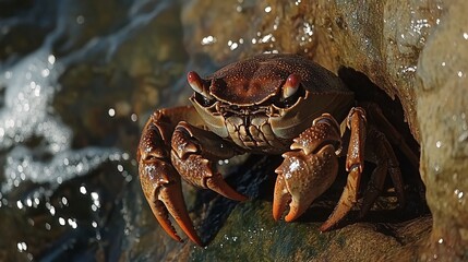 Wall Mural - A close-up of a crab with its claws out, perched on a rock near the water's edge.