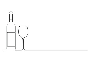 Wall Mural - Vector illustration of wine glass and bottle continuous single line drawing. Premium vector