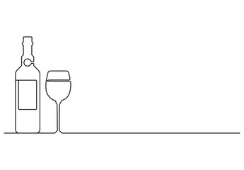 Wall Mural - Vector illustration of wine glass and bottle continuous single line drawing. Premium vector