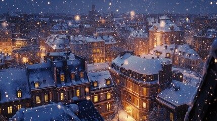 Wall Mural - Winter cityscape with snow-covered rooftops, warm lights glowing from windows