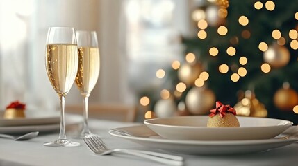 Wall Mural - A table with two glasses of champagne and a christmas tree, AI