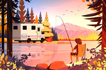 Camping RV fishing lake autumn landscape nature adventure recreational outdoor activity colorful sunset scenery mountains trees