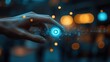 © Lamina - Hand reaching out to interact with holographic play button icon, symbolizing digital media and futuristic interactivity.
