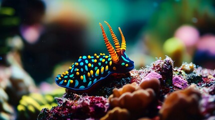 A vibrant, colorful nudibranch with black, yellow, blue, and orange spots crawling on coral.