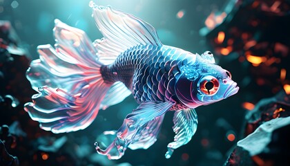 Sticker - Abstract underwater fantasy featuring digital crystal fish in a vivid technological landscape