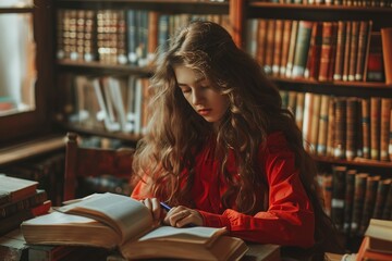 Canvas Print - A Long-haired young woman in red clothes studying