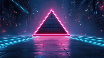 Sticker - A neon triangle in the middle of a city street, AI