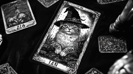 Poster - A black and white photo of a cat in a witch's hat