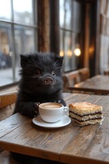 Sticker - A small black pig sitting at a table with a cup of coffee