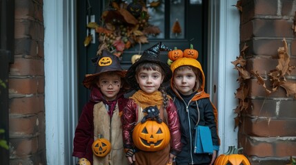 group of child in Halloween clothes, in the background the door of the house is decorated for Halloween