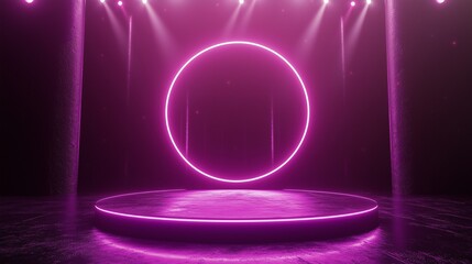 Circle pink neon light technology podium stage presentation in room modern technology