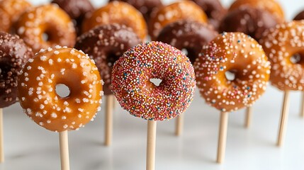 a group of donuts on sticks. 