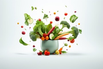 Wall Mural - Vegetables flying into the pot. Salad making concept.