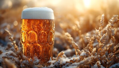 a glass of beer in the snow.