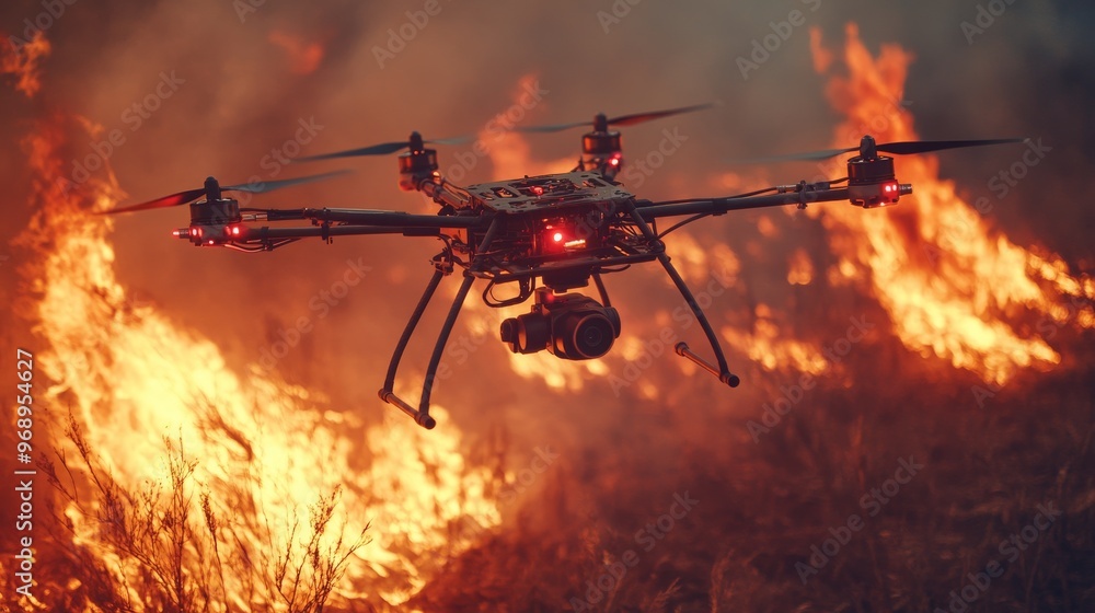 Ilustración de Stock Autonomous AI-driven firefighting drones ...