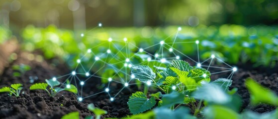 Close up of plants in a field with digital network overlay representing smart agriculture and technology in farming.
