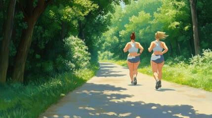 Wall Mural - Two women running down a path in the woods, AI