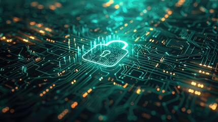 Digital security concept with glowing lock icon on futuristic circuit board representing data protection and cybersecurity in technology.