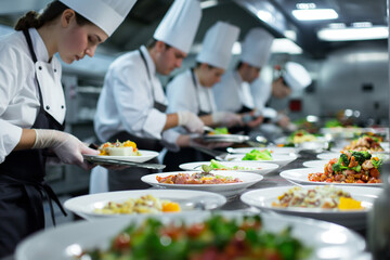 Professional Culinary Team Plating Gourmet Dishes in Upscale Restaurant Kitchen