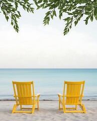 Two yellow chairs on a sandy beach facing the turquoise ocean under a clear sky, symbolizing relaxation and tropical getaway (22)