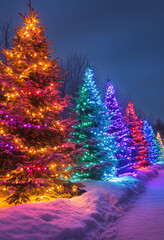 Wall Mural - christmas trees with colorful garlands in the snowy night park.