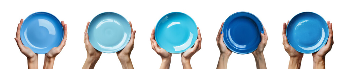 Wall Mural - Hand holds empty blue plate isolated on a transparent or white background, top view, cut out, PNG