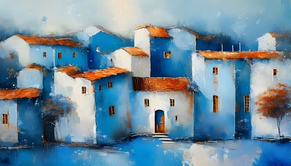 Wall Mural - Dreamlike Blue and White Countryside Landscape with Abstract Decorative Architecture