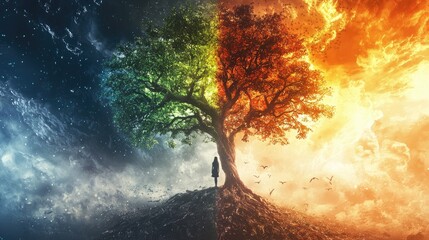 Wall Mural - the tree of life left half in heaven. Right half in hell with a woman standing the middle. Spiritual, Mystical.
