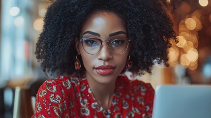 Canvas Print - A woman with curly hair and glasses is sitting at a table with a laptop. She is wearing a red dress and has red lipstick on. The scene suggests a casual and comfortable atmosphere