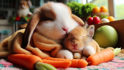 A cute fluffy rabbit with a carrot in a basket