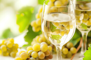 Close-up of two glasses of white wine with bunches of green grapes and vine leaves in a soft, bright setting, creating an inviting and fresh atmosphere.