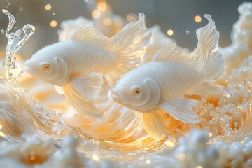 Wall Mural - School of beautiful white and orange fish swimming in underwater environment with bubbles and light