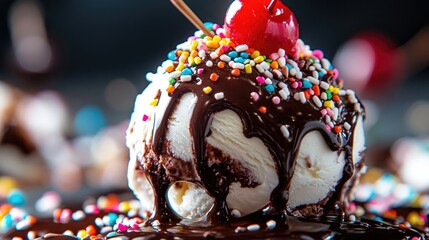 Close-up of a delectable ice cream sundae with rich chocolate sauce, sprinkles, and a cherry, showcasing indulgence.