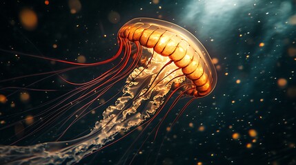 Wall Mural - A single jellyfish with a bright orange bell and long flowing tentacles illuminated by a spotlight.