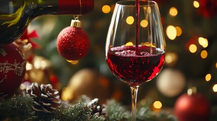 A glass of red wine being poured at a table with holiday decor.