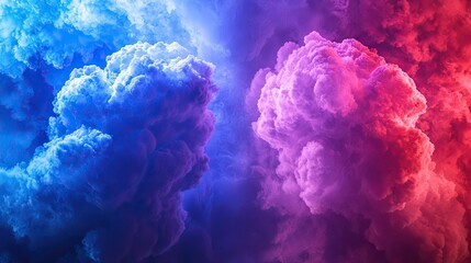 Wall Mural - two clouds crashing into each other, one red, one blue, blending into purple, dramatic, energetic