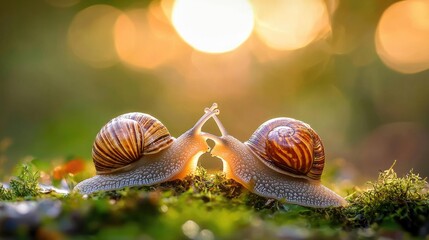 Two cute snails are sticking together.