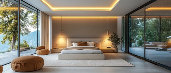 Poster - Modern Minimalist Bedroom with Large Windows and Natural Light