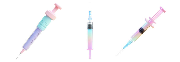 Pastel syringe set isolated on transparent background. Decorative syringes in soft hues for medical and healthcare themes