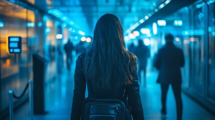 Futuristic AI-operated airport security systems with face recognition and biometric scans: Passengers walking through airport checkpoints, scanned seamlessly by advanced security systems.