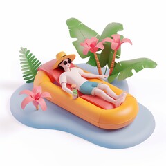 Wall Mural - Summer vacation 3d isometric illustration view of a person lying on inflatable enjoying sun and chill relax time