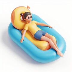 Wall Mural - Summer vacation 3d isometric illustration view of a person lying on inflatable enjoying sun and chill relax time