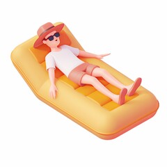 Wall Mural - Summer vacation 3d isometric illustration view of a person lying on inflatable enjoying sun and chill relax time