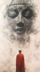 A serene scene where a monk in a vivid red robe stands with their back to the viewer, gazing up at a colossal, ethereal Buddha face that seems to form out of mist and smoke